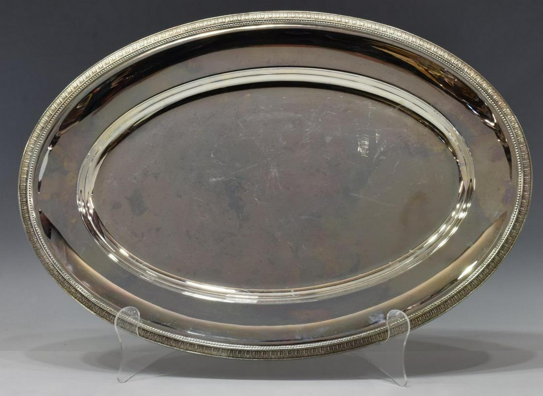CHRISTOFLE SILVER PLATE OVAL SERVING PLATTER: French Christofle "Malmaison" silver plate oval serving platter, with beaded and foliate border, approx 17.75"l, 12.5"w, 3lbs (for shipping purposes only) Start Price: $100.00