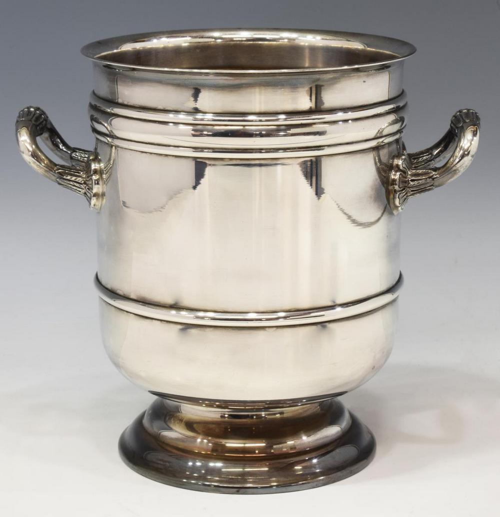 FRENCH CHRISTOFLE SILVER PLATE ICE BUCKET: French Christofle "Malmaison" silver plate ice bucket, bracket handles floral joins, on a pedestal foot, approx 6.75"h, 5.5"diam (not including handles), 1.5lbs (for shipping purposes only) Start Pric
