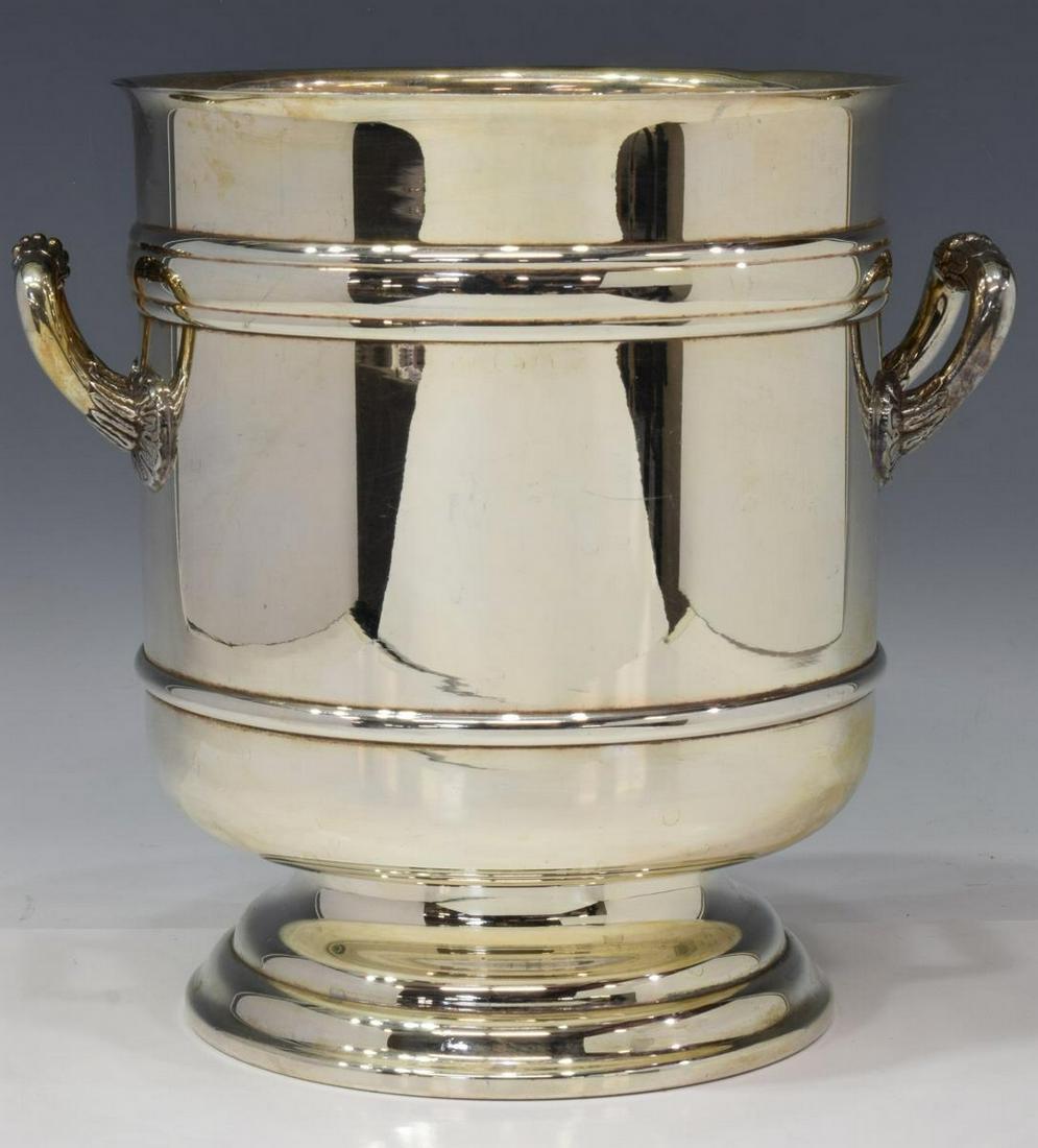 FRENCH CHRISTOFLE SILVER PLATE CHAMPAGNE BUCKET: French Christofle "Malmaison" silver plate champagne cooler, bracket handles floral joins, on a pedestal foot, approx 8 7/8"h, 7.5"diam (not including handles), 3.75lbs (for shipping purposes only) St