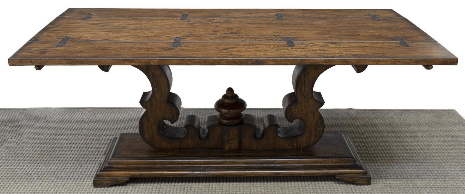 RUSTIC CONSOLE SOFA TABLE W/ HINGED LEAVES, 72"L: Rustic console/ sofa table, 20th c., long rectangular top with hinged leaves, apron with slides to support open leaves, carved support with center finial, stepped platform base raised on bracket feet,