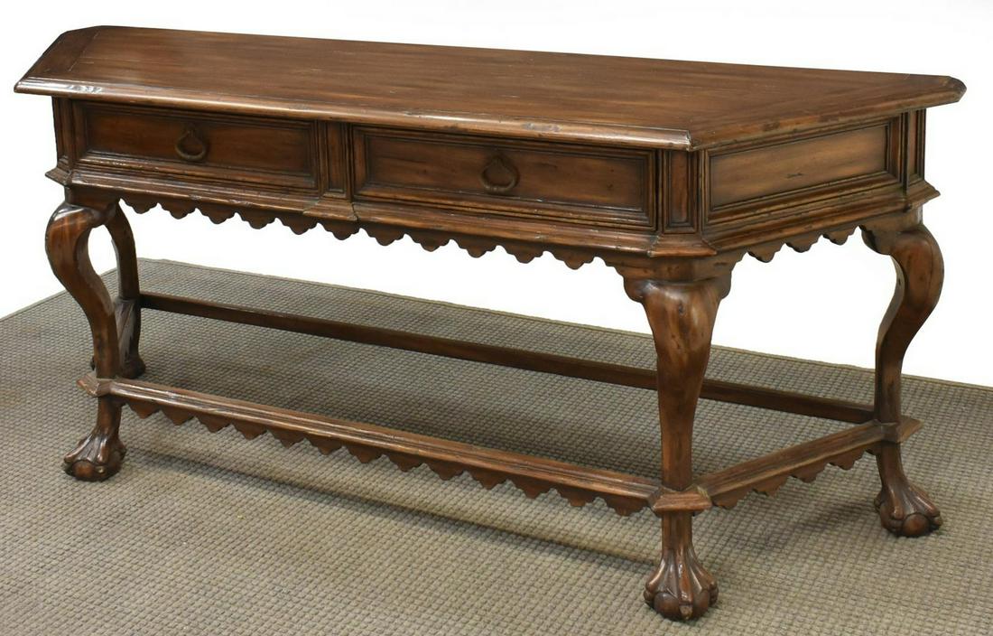 ALFONSO MARINA CHIPPENDALE STYLE CONSOLE TABLE: Large Chippendale style console table, 20th c., Alfonso Marina Ebanista, Mexico, having shaped top with canted corners, case fitted with two drawers, atop carved apron, rising on cabriole legs, joined