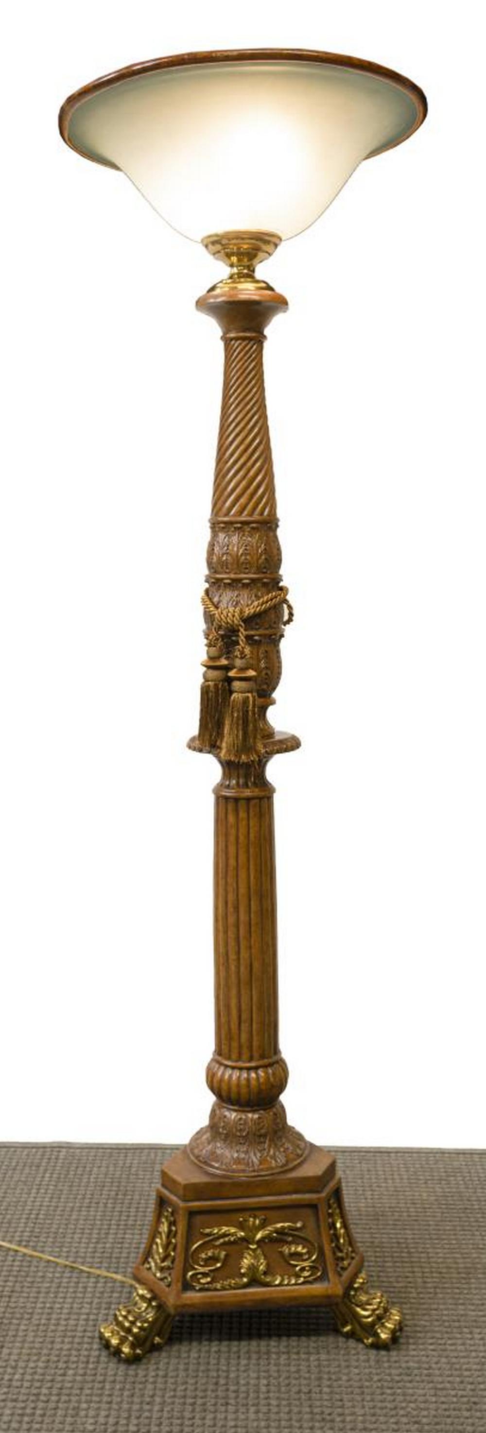 MAITLAND-SMITH EMPIRE STYLE TORCHIERE FLOOR LAMP: Empire style fluted column torchiere floor lamp, Maitland-Smith, late 20th c., glass shade, single column, atop triangular form base terminating in bronze paw feet, retaining manufacturer's label unde