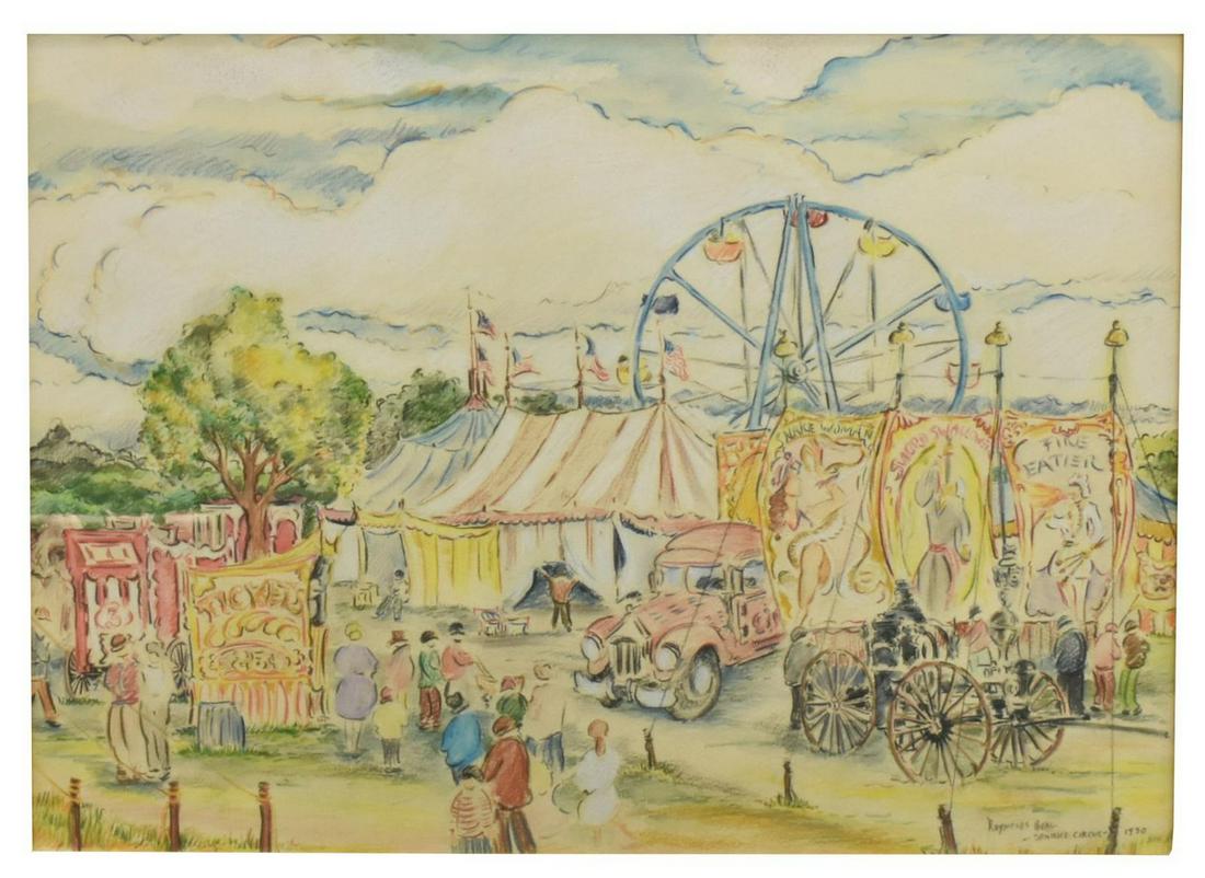 REYNOLDS BEAL (D.1951) SPARKS CIRCUS DRAWING: Framed colored pencil drawing on paper, "Sparks Circus," signed lower right Reynolds Beal (Massachusetts, Rhode Island, 1866/67-1951), dated 1930, sight: approx 14.5"h, 20"w, overall: approx 23"h, 28.