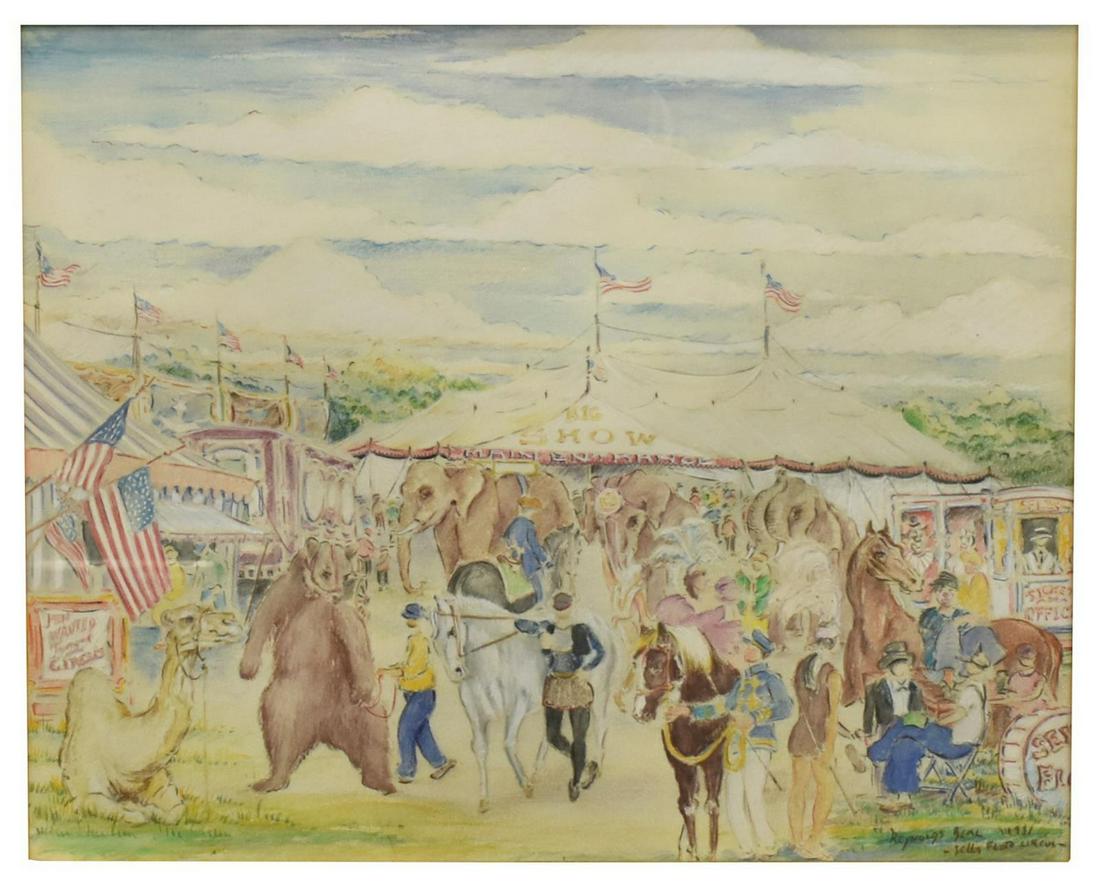 REYNOLDS BEAL (D.1951) SELLS FLOTO CIRCUS DRAWING: Framed colored pencil drawing on paper, "Sells Floto Circus," signed lower right Reynolds Beal (Massachusetts, Rhode Island, 1866/67-1951), dated 1931, sight: approx 14.5"h, 18"w, overall: approx 23"h