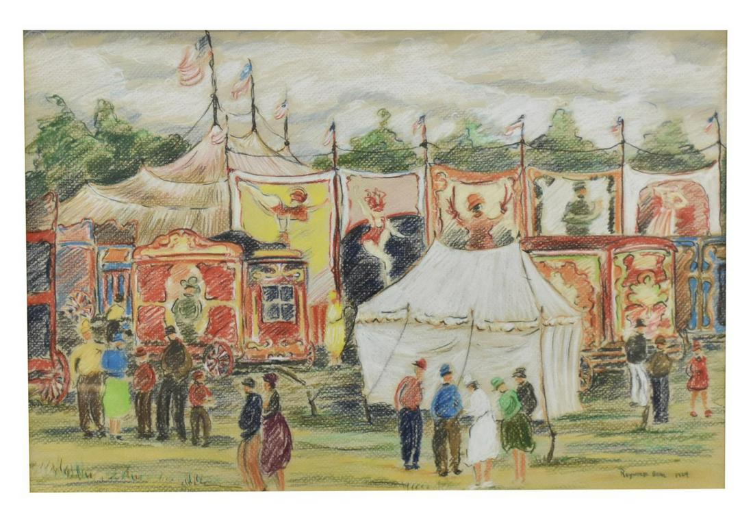 REYNOLDS BEAL (D.1951) CIRCUS TENTS DRAWING: Framed colored pencil and pastel drawing on paper, Circus Tents, signed lower right Reynolds Beal (Massachusetts, Rhode Island, 1866/67-1951), dated 1924, sight: approx 12.5"h, 18.5"w, overall: approx