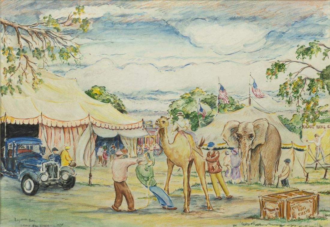 REYNOLDS BEAL (D.1951) COLE BROS. CIRCUS DRAWING: Framed colored pencil and pastel drawing on paper, "Cole Bros. Circus," signed lower left Reynolds Beal (Massachusetts, Rhode Island, 1866/67-1951), dated 1936, sight: approx 14"h, 20"w, overall: appr