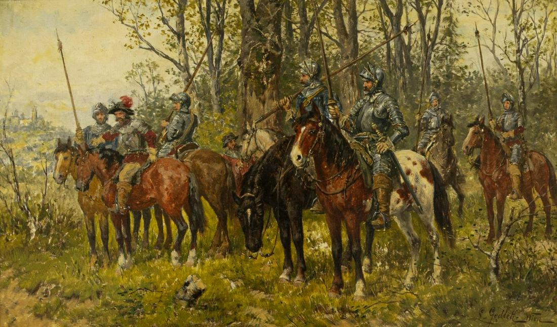 LUDWIG GEDLEK (1847-1904) ARMORED CAVALRY PAINTING: Framed oil on wood panel painting, Armored Cavalry, signed lower right L. Gedlek, Wein (Ludwig Gedlek, Austria, Poland, 1847-1904), sight: approx 7.75"h, 14"w, overall: approx 19.5"h, 25.75"w, 12.75lb