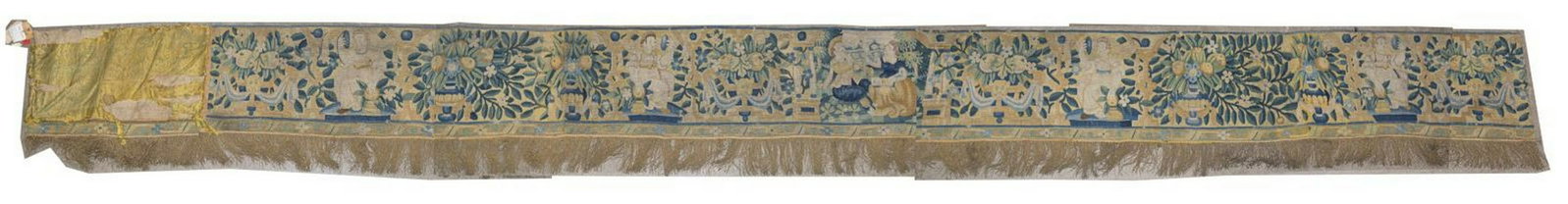 CONTINENTAL TAPESTRY WOVEN VALANCE, 237"L: Continental tapestry woven valance, possibly for a canopy bed, likely French of Flemish, 17th/ 18th c., with singular figures holding a small mirror, alternating urns with fruit and floral branches, c
