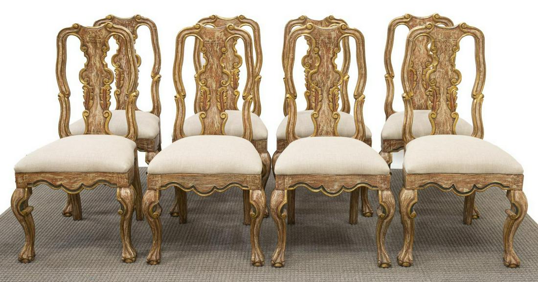 (8) BAROQUE STYLE PARCEL GILT DINING CHAIRS: (lot of 8) Baroque style parcel gilt painted dining chairs, 20th c., each having a foliate carved splat, rising on cabriole legs, each approx 42"h, 22"w, 17.5"d Start Price: $400.00