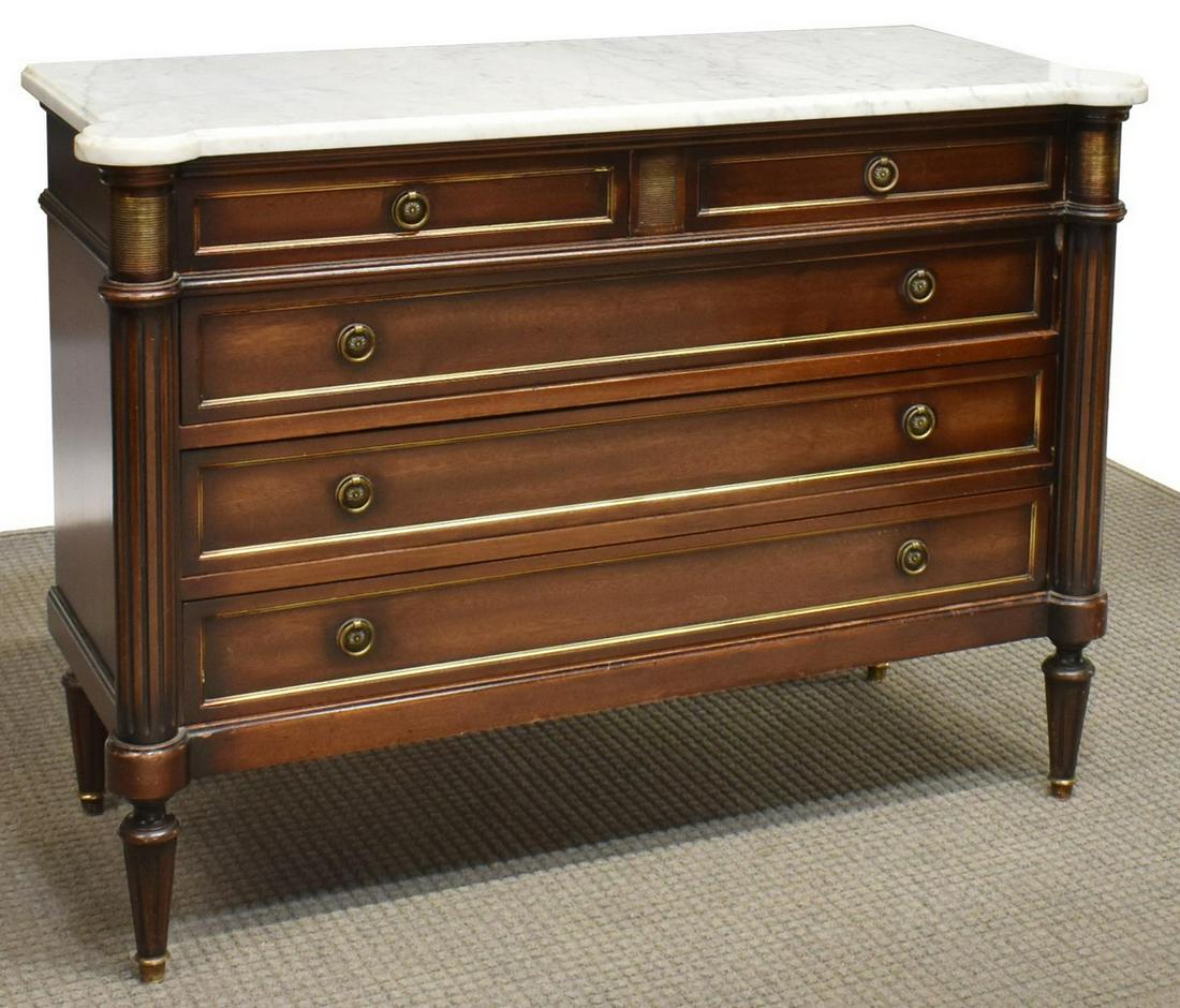 FRENCH LOUIS XVI STYLE MARBLE-TOP MAHOGANY COMMODE: French Louis XVI style marble-top mahogany commode, late 19th/ early 20th c., the marble top with protruding front corners over ribbed columns, having two short drawers over three long drawers, on tap