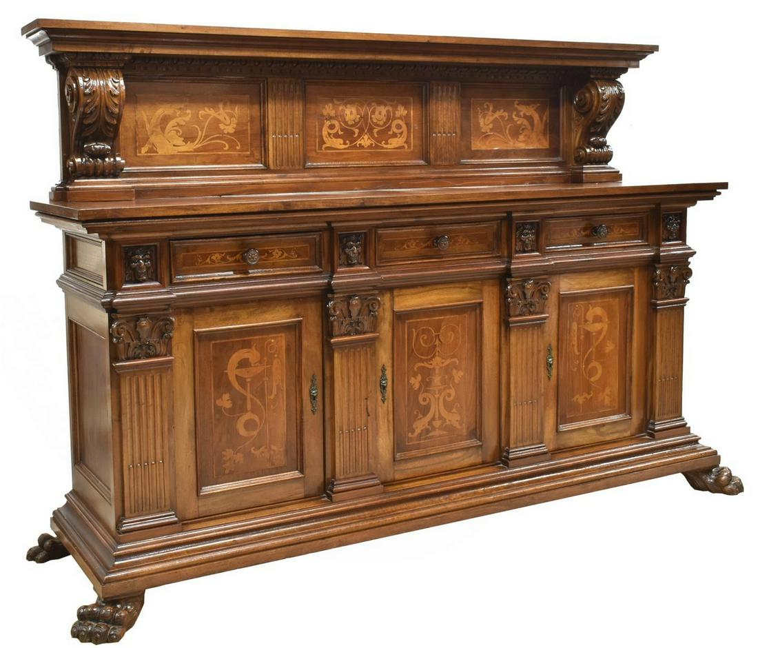 FLORENTINE MARQUETRY WELL CARVED WALNUT SIDEBOARD: Florentine Renaissance Revival walnut inlaid sideboard, early 20th c., raised backsplash and case with foliate and griffin marquetry, resting on carved corbels, over the rectangular top, case fitted w