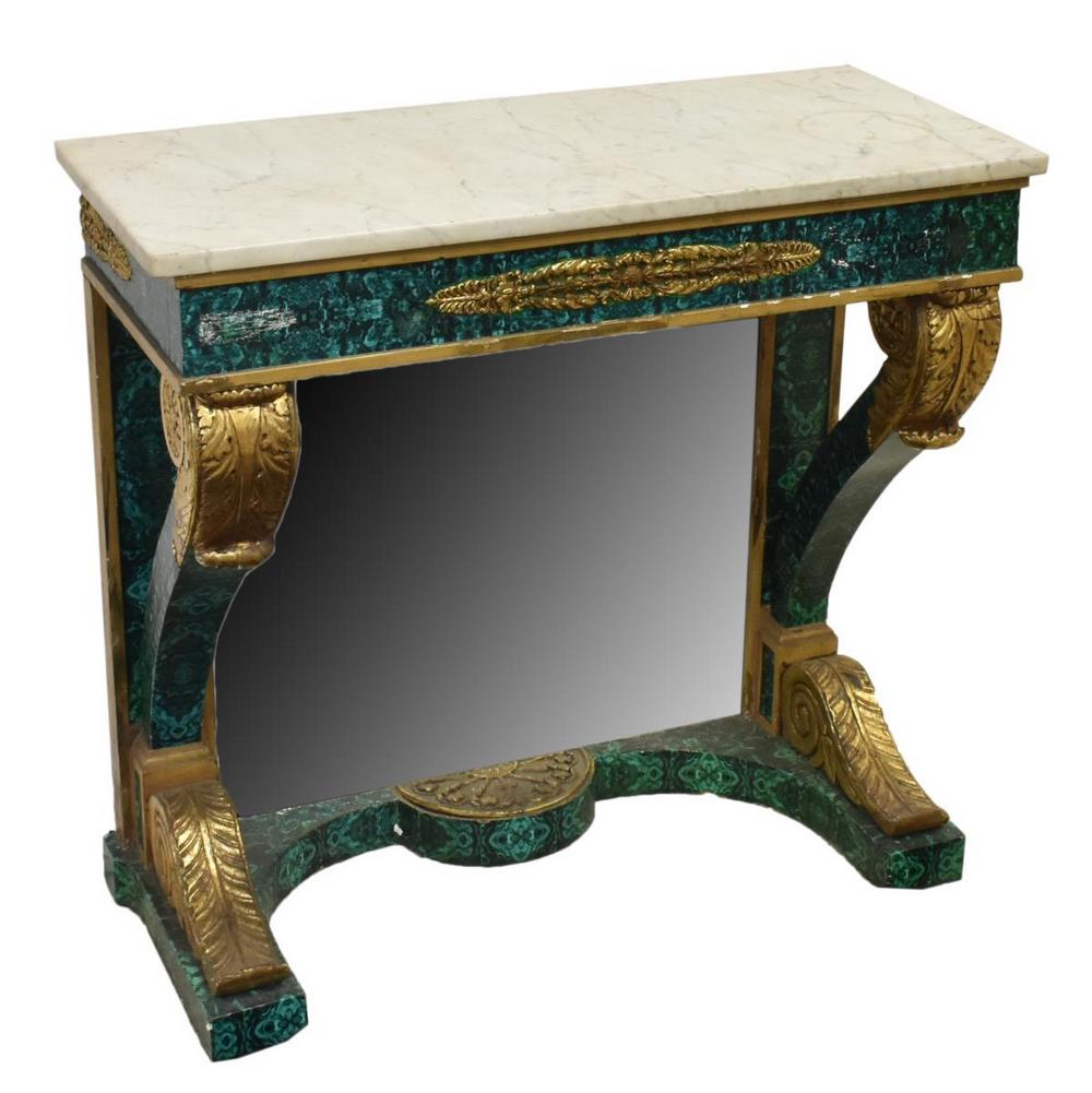 EMPIRE STYLE FAUX MALACHITE FINISH CONSOLE TABLE: Empire style parcel gilt faux malachite console table, featuring rectangular marble top, above faux malachite base with gilt scrolled acanthus supports, fitted with lower flat mirror plate, approx 32.