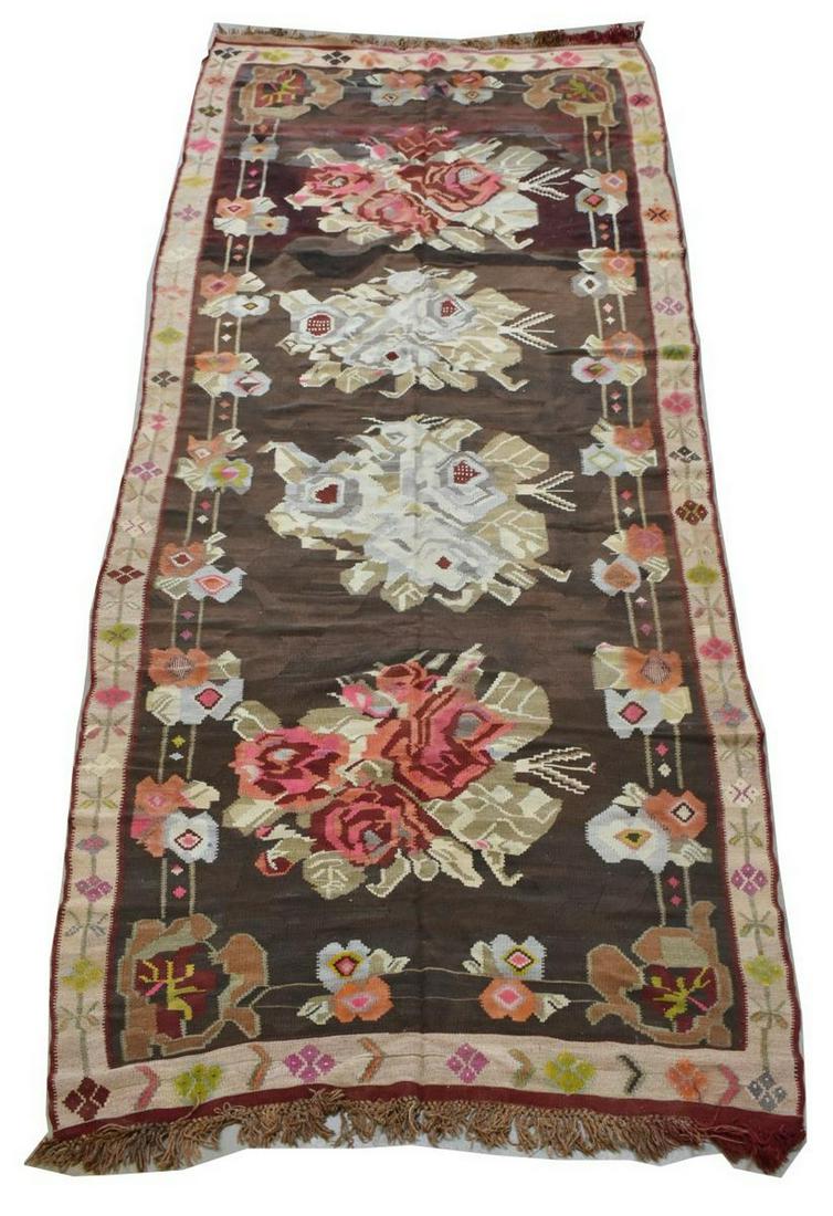 ANTIQUE HAND-TIED TURKISH KILIM RUG 14' X 5'11": Antique hand-tied Turkish kilim wool rug, visible stitch repair, approx 14'l, 5'11"w