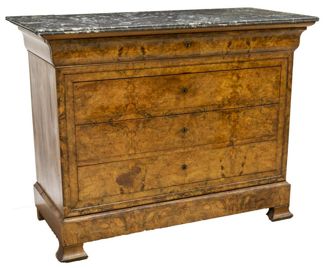 FRENCH MARBLE-TOP WALNUT FOUR-DRAWER COMMODE: French Charles X walnut commode, 19th c., having rectangular marble top over corresponding case, in an all over burled veneer, fitted with four drawers, top drawer concealed as ogee molding, chip to o