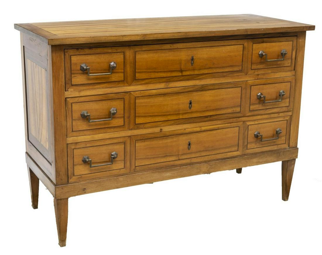 FRENCH LOUIS XVI STYLE THREE-DRAWER COMMODE: French Louis XVI style commode, early 20th c., accented with string inlay, fitted with three drawers, rising on tapered squared legs, approx 33.5"h, 48"w, 19.75"d Start Price: $400.00
