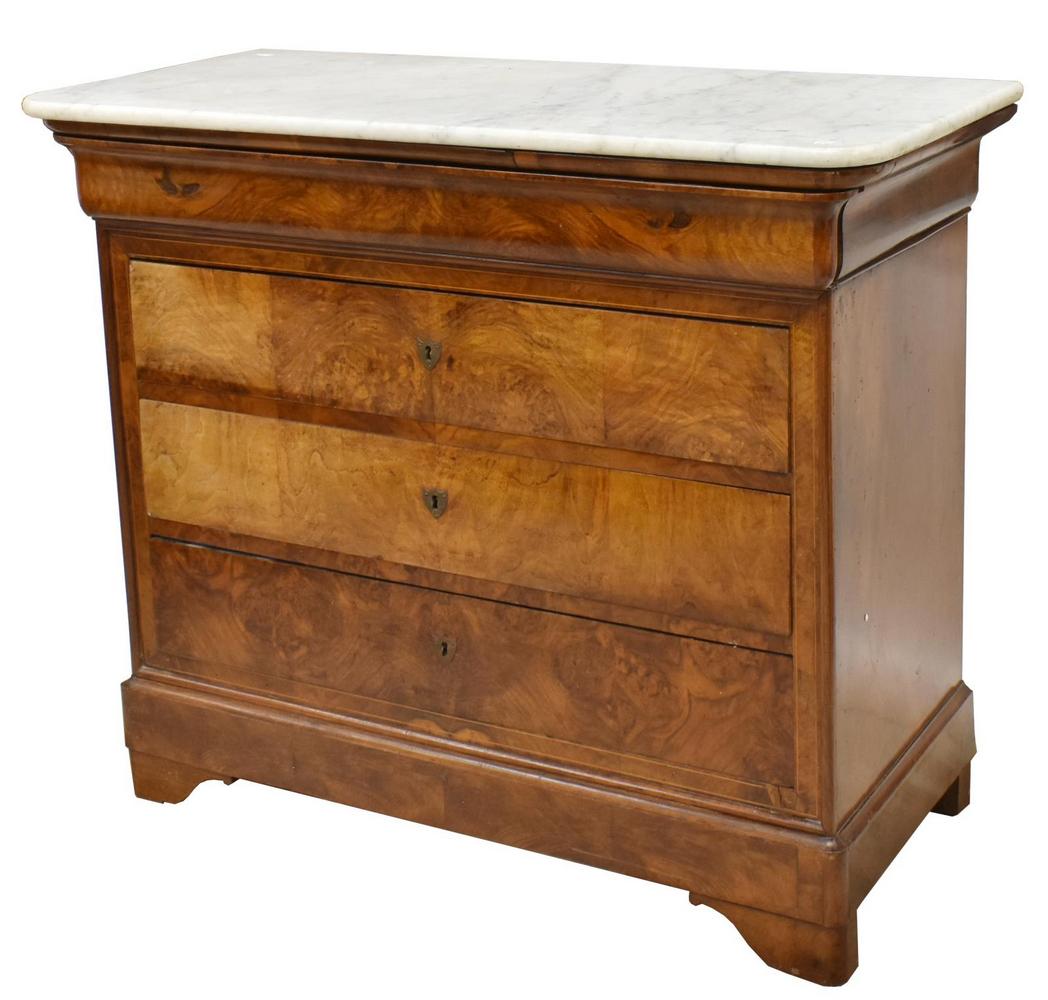 FRENCH MARBLE-TOP WALNUT FOUR-DRAWER COMMODE: French Charles X marble-top walnut commode, 19th c., four drawers, rising on bracket feet, approx 39"h, 46.75"w, 21"d Start Price: $400.00
