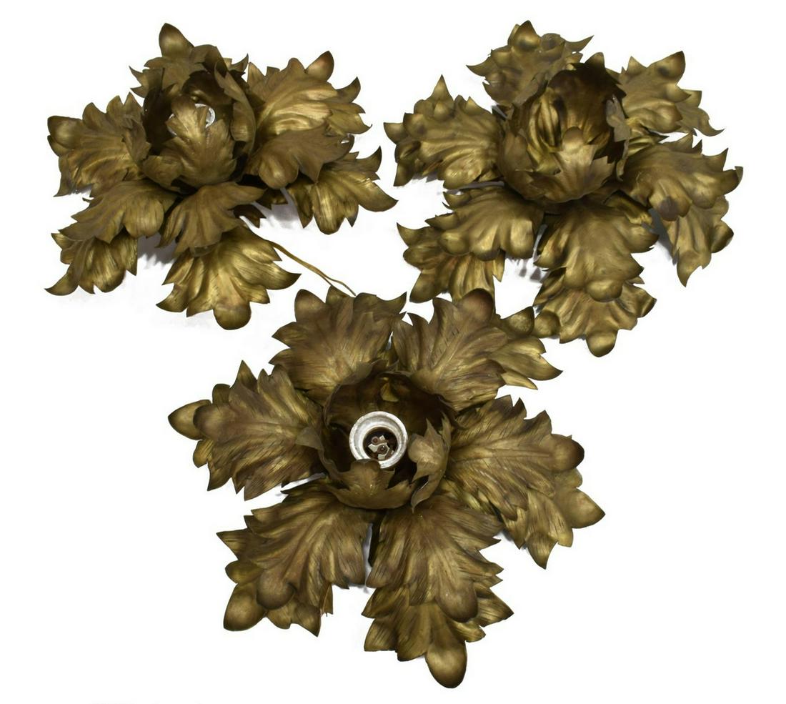 (3) ITALIAN GILT METAL LEAF-FORM CEILING LIGHTS: (lot of 3) Italian gilt metal ceiling-mount lights, mid 20th c., each modeled as folding leaves, wrapping around a single light, in need of wiring, approx 5.5"h, 15"diam; 5.5lbs total Start Price: $80