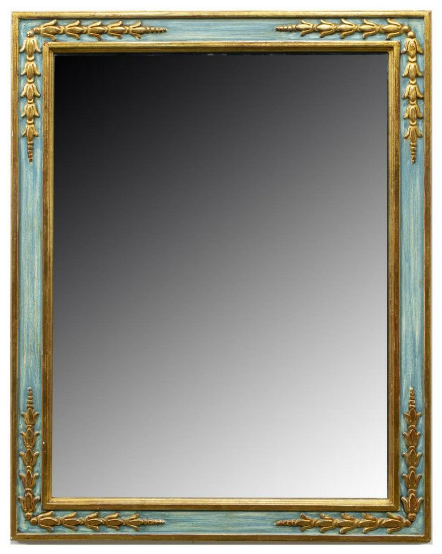 FRENCH PAINTED & GILTWOOD BEVELED MIRROR: French Empire style wall mirror, mid 20th c., rectangular frame in an all over light blue paint, with gilt bellflower accents, encasing a beveled mirror plate, approx 35.5"h, 28"w, 19.5lbs Start Price