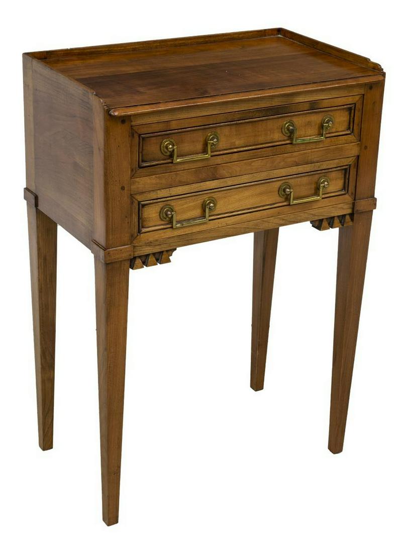 FRENCH TWO-DRAWER NIGHTSTAND BEDSIDE CABINET: French bedside cabinet, 20th c., rectangular case with partial gallery top, fitted with two drawers, rising on tapered squared legs, approx 28.75"h, 19.75"w, 12.5"d Start Price: $100.00
