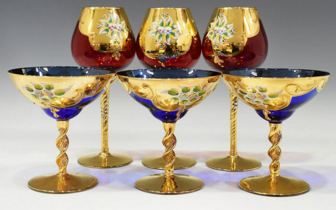(6) ITALIAN GILT ENAMELED GLASS WINE STEMS: (lot of 6) Italian colored glass stemware, 20th c., each with gilt details, raised enamel flowers, on a twisted stem, including: (3) cobalt, approx 5"h, 4.5"diam, (3) ruby, approx 8"h, 3.5"diam; 2.5lb