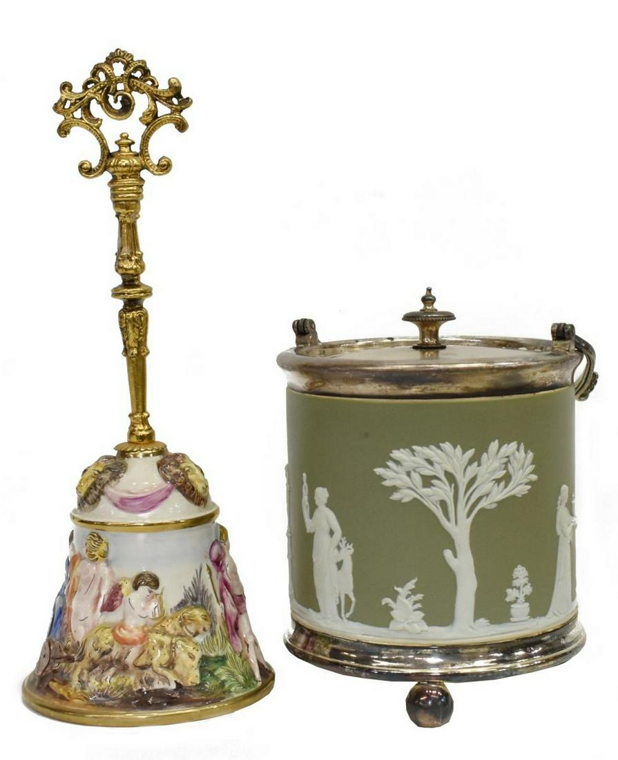 (2) WEDGWOOD JASPERWARE BARREL & CAPODIMONTE BELL: (lot of 2) Decorative tableware, including: (1) English Wedgwood jasperware biscuit barrel, with neoclassical figures in relief against a sage green ground, in a silver plate mount with top handle, ap