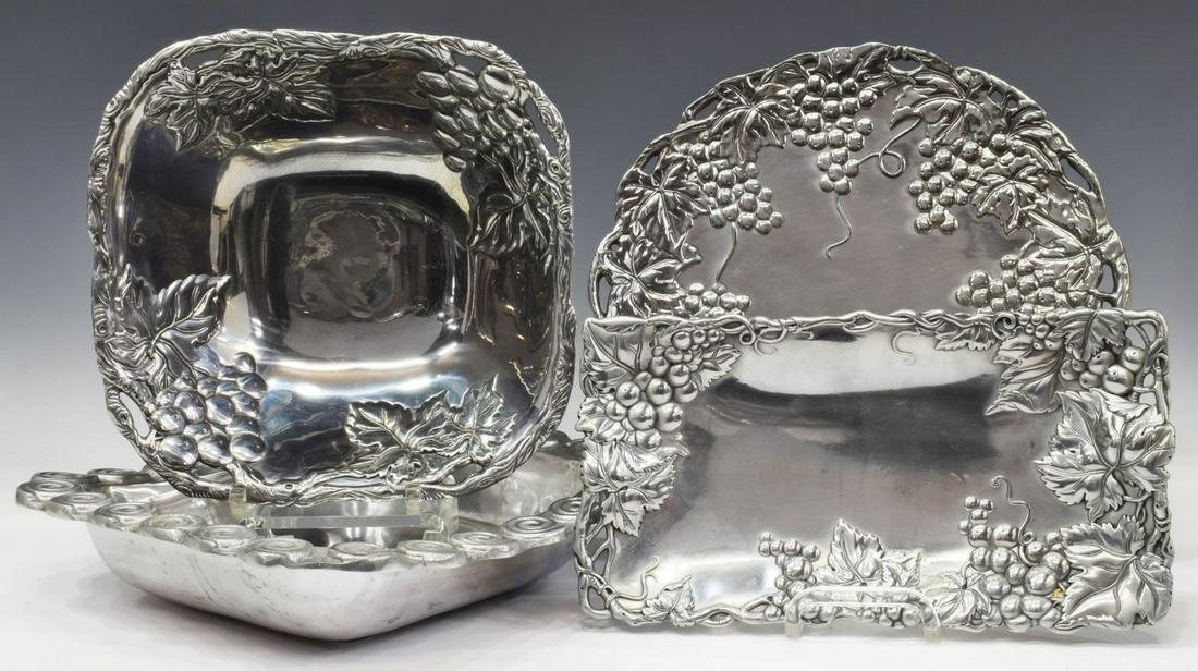 4) COLLECTION ARTHUR COURT ALLUMINUM SERVICE ITEMS: (lot of 4) Collection of Arthur Court aluminum service items all in the "Grape" pattern, comprising: (1) square salad bowl, dated 2001, approx 3"h, 10"diam; (1) round tray, 1995, approx 12"diam; (1) r