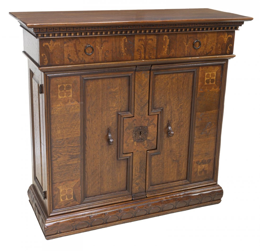 ITALIAN VERE ANTICHITA ARTE BROTTO SIDEBOAR: Italian sideboard, "Vere Antichita" collection by Arte Brotto, late 20th c., rectangular case with frieze drawer, over two cabinet doors on iron strap hinges, interior shelf, geometric and foliate mar