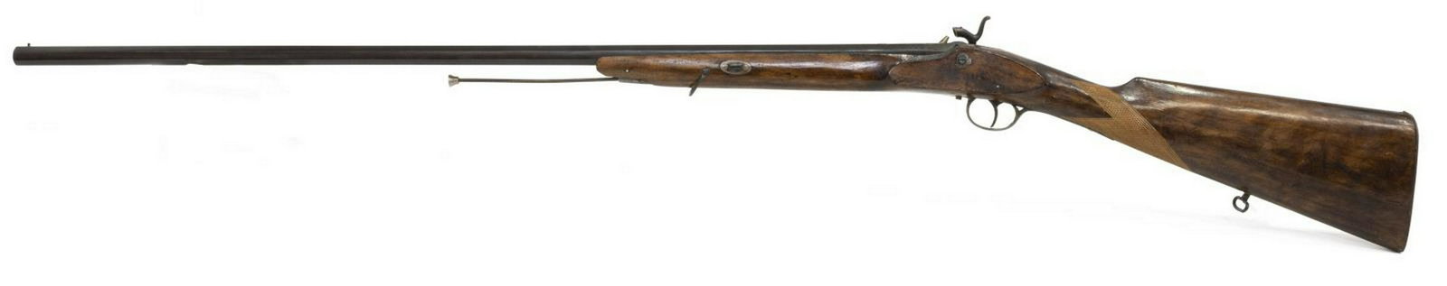 SPANISH HALF STOCK PERCUSSION RIFLE: Spanish half stock percussion rifle, ,28 caliber, the 31.5" octagonal barrel marked Eibar-Espana with numerous inspection marks, foliate engraved lockplate, checkered stock, inset cap box, strong acti