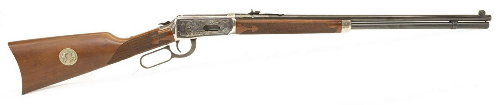 WINCHESTER M1894 'LEGENDARY FRONTIERSMAN' RIFLE: Winchester Model 1894 Commemorative rifle, .38-55 Win caliber, lever action, tubular magazine, 24" barrel marked at right side "Legendary Frontiersman," the silver plated receivers engraved with mount