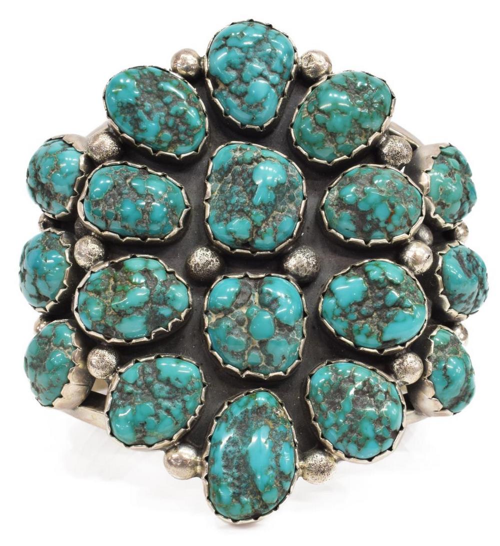 SAM LOVATO SANTO DOMINGO TURQUOISE NUGGET CUFF: Native American silver (content unknown) cuff bracelet, Sam Lovato (Santo Domingo Pueblo, 20th c.), with large bezel-set Fox turquoise nuggets, approx 3 1/8"w, interior: (end to end) approx 5 5/8"l, g