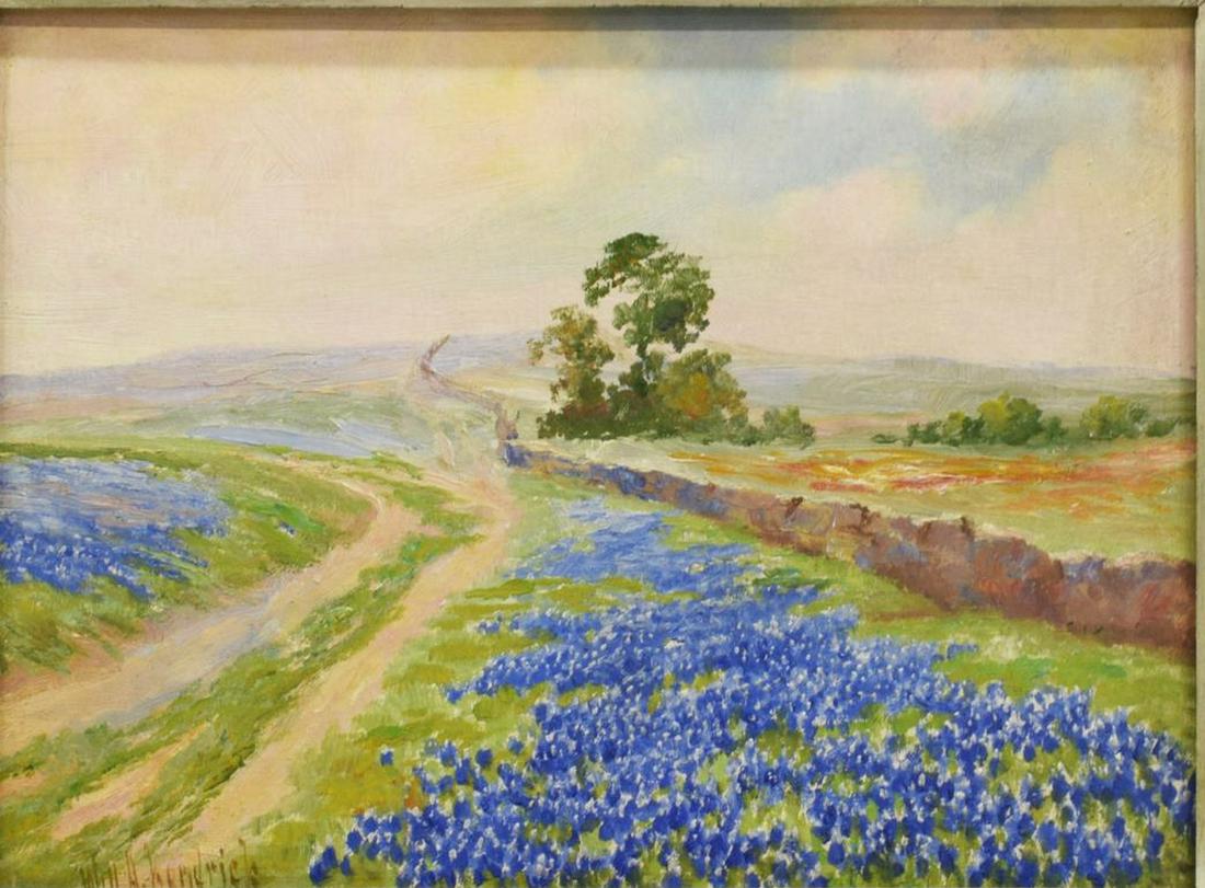 WILL KENDRICK (1889-1969) TEXAS BLUEBONNETS: Framed oil painting on art board, Texas Bluebonnets, signed lower left Will A. Kendrick (William Abernathy Kendrick, Texas, 1889-1969), sight: 8.25"h, 11.25"w, overall: 12.25"h, 15.25"w, 1.80lbs Start