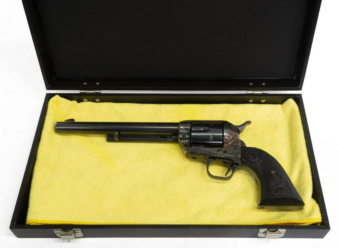 COLT SAA .357 REVOLVER, NOT FIRED MFG 1978 3RD GEN: Colt Single Action Army revolver, not fired, .357 Magnum caliber, 7.5" round barrel, black Rampant Colt grips with eagle, blued, color case hardened frame, plastic tie at hammer to prevent cylinder tu