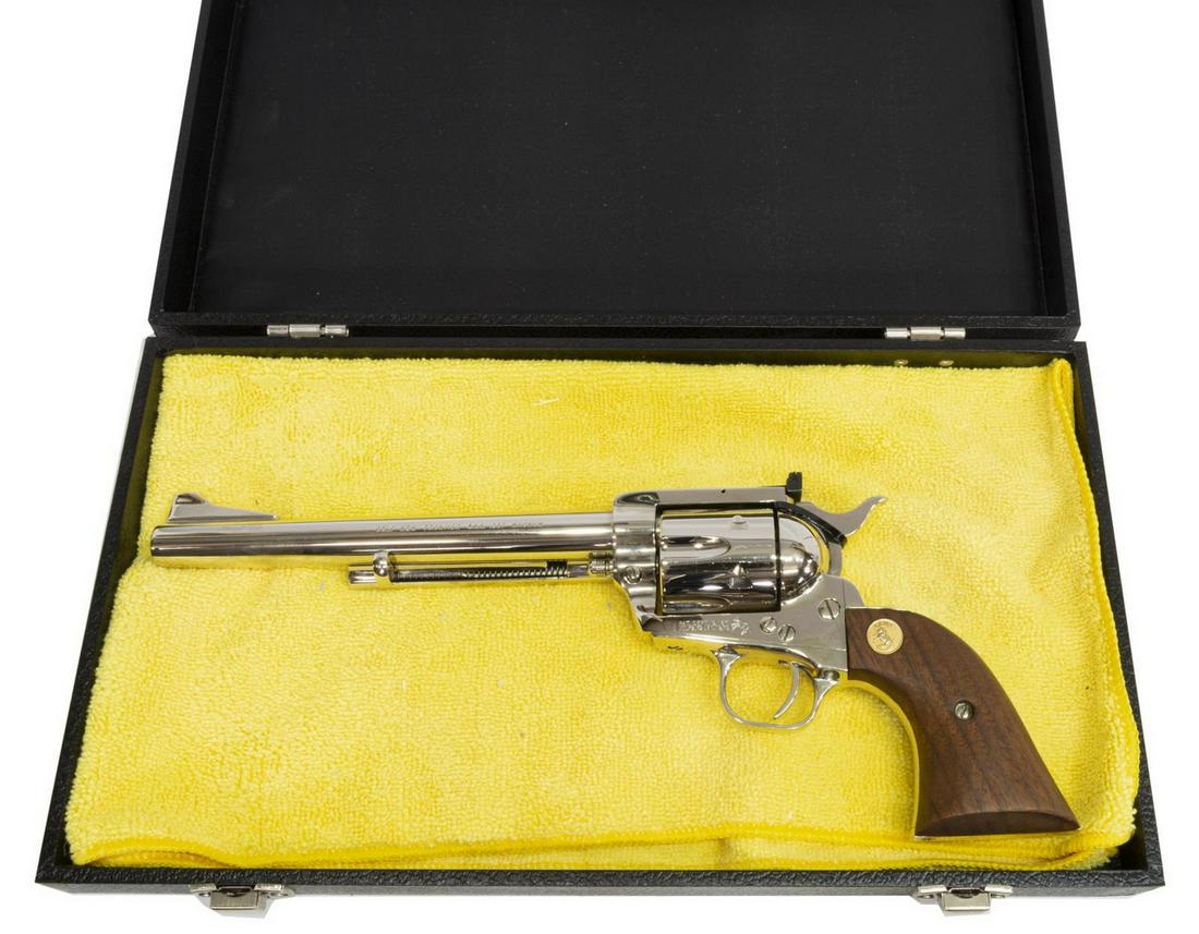 COLT SAA .357 NEW FRONTIER REVOLVER, NOT FIRED: Colt Single Action Army New Frontier revolver, not fired, nickel finish, .357 caliber, 7.5" barrel, hardwood grips, our opinion: it appears in 98% condition, mfg. 1981, SN 14XXXNF *REQUIRES FFL TRANSF