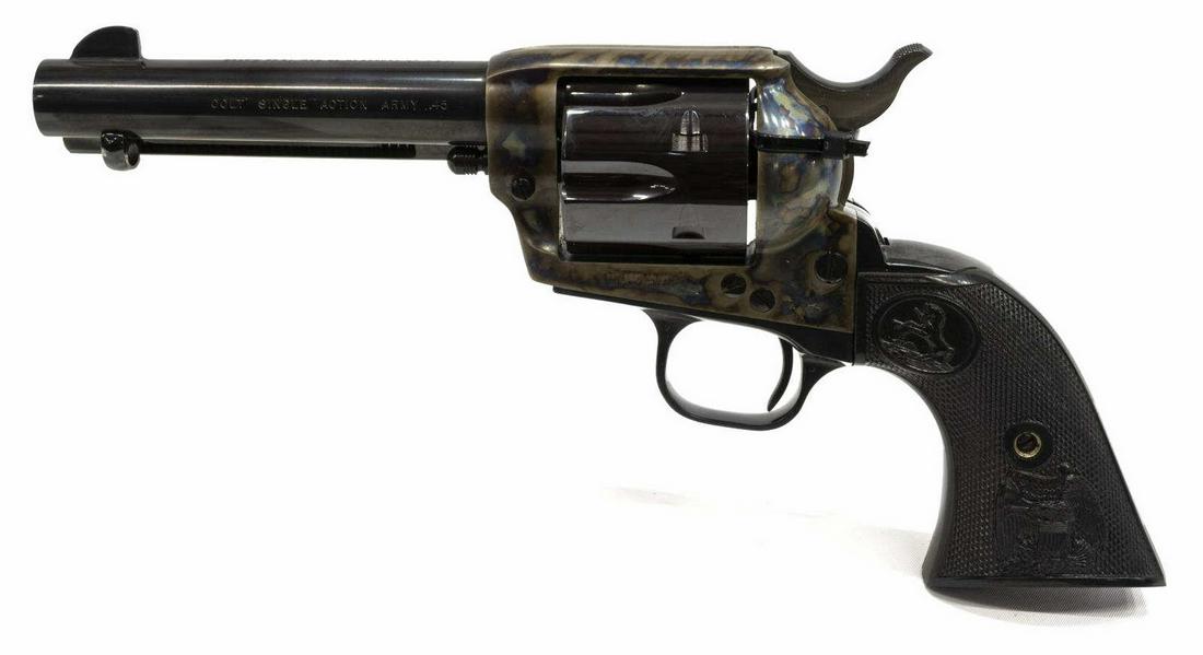 COLT SAA .45 REVOLVER, NOT FIRED 2004 MFG 3RD GEN: Colt Single Action revolver, not fired, .45 caliber, six-round cylinder, 4.75" round barrel, black rampant Colt grips with eagle, our opinion: it appears in 100% condition, blue and color case hardene
