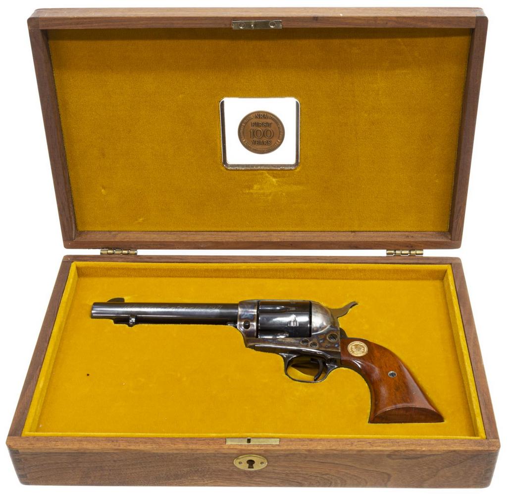 COLT NRA SINGLE ACTION ARMY REVOLVER, .45 CALIBER: Colt NRA Centennial 1871-1971 Single Action Army Revolver, .45 caliber, six-round cylinder, 5.5" round barrel, blued finish, rosewood grips, housed in NRA presentation box, SN NRA 2XXX *REQUIRES FFL T