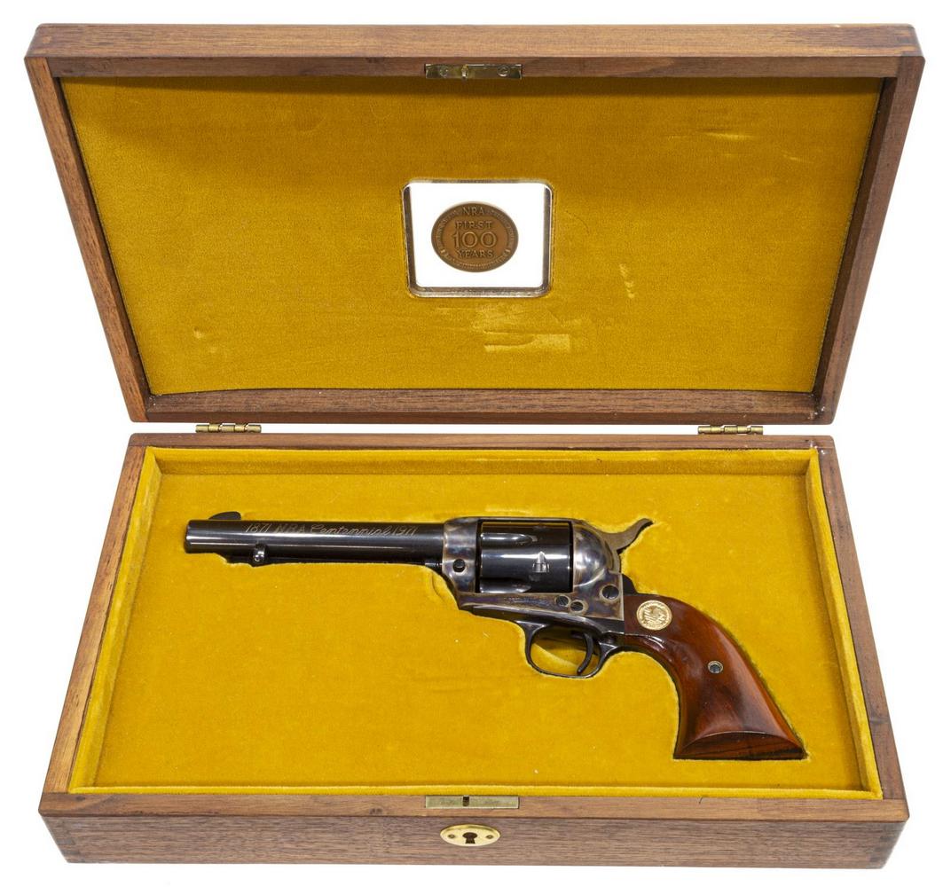 COLT NRA SINGLE ACTION ARMY REVOLVER, .45 CALIBER: Colt NRA Centennial 1871-1971 Single Action Army Revolver, .45 caliber, six-round cylinder, 5.5" round barrel, blued finish, rosewood grips, housed in NRA presentation box, SN NRA 5XXX *REQUIRES FFL T