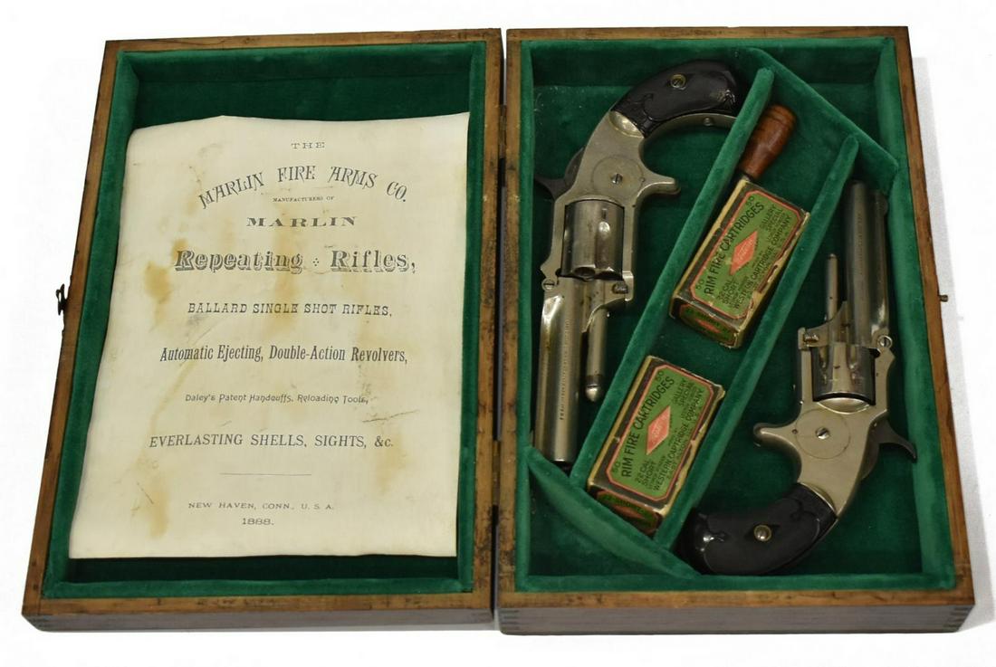 2) MARLIN 1873 POCKET REVOLVERS, .22L, DISPLAY BOX: (lot of 2) Marlin XX Standard 1873 Pocket Revolver, .22L caliber, seven round fluted cylinder, 3" round ribbed tip up barrel, top of barrel marked "XX.Standard 1873," left side of barrel marked "G.W. 