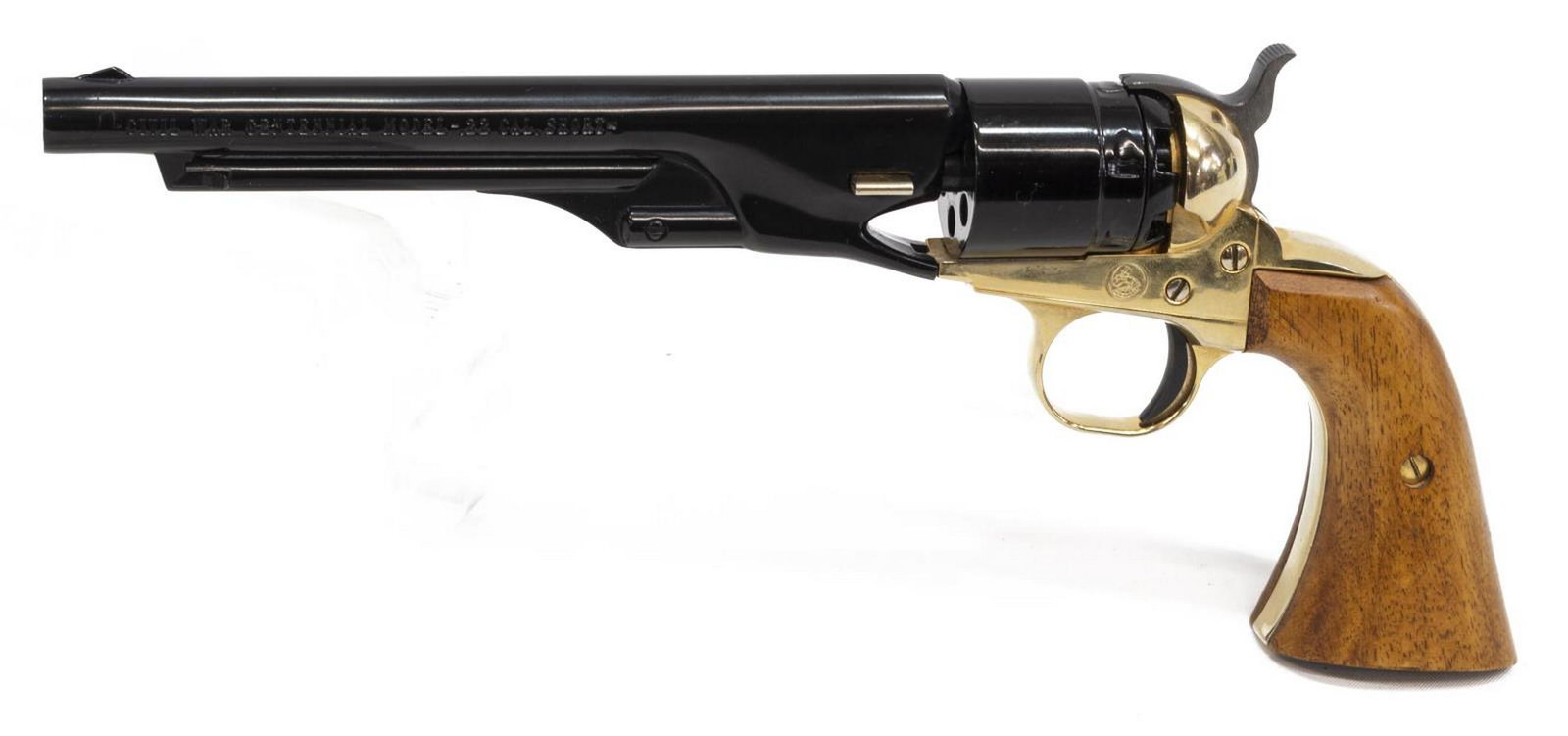 COLT CASED CIVIL WAR CENTENNIAL .22 REVOLVER: Colt Civil War Centennial Revolver, in the style of the 1869 Colt Army Revolver, .22S caliber single round cylinder, 6"barrel, blue barrel and cylinder, gilt receiver and trigger guard, hardwood grips