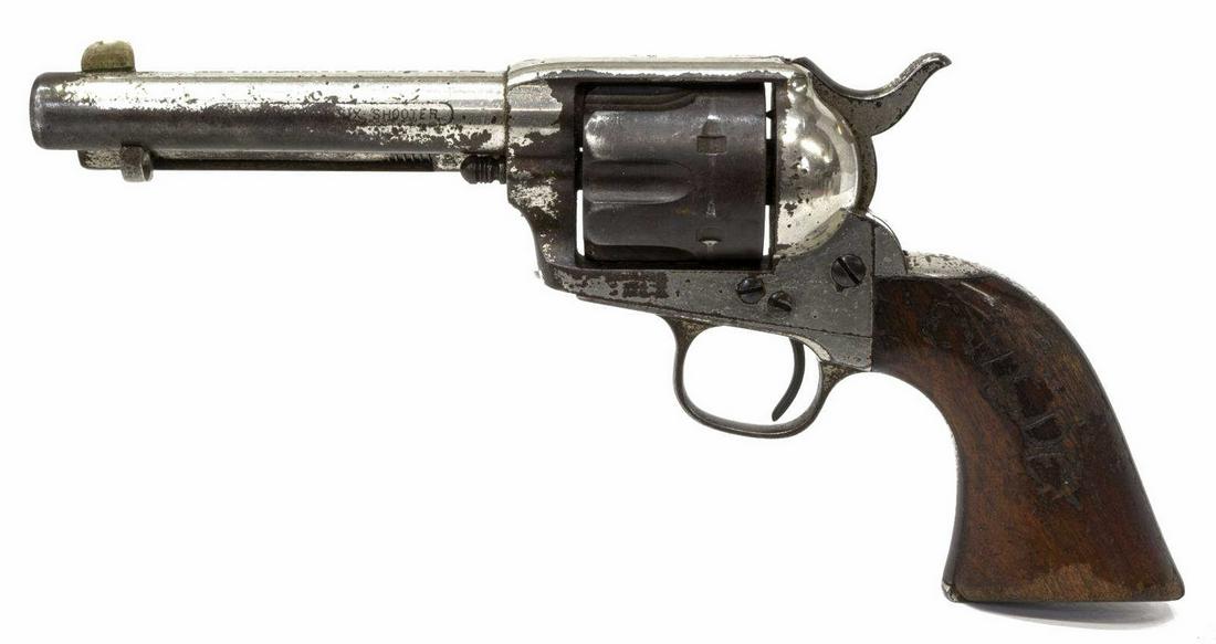 COLT ANTIQUE SAA .44 CALIBER REVOLVER, MFG 1883: Colt SAA Frontier Six Shooter, .44 caliber, six-round cylinder, 5" barrel marked at top "Colts P.T. FA. Mfg Co, Hartford, Ct. U.S.A.," three-line patent date at left frame "1871, 1872, 1875," retains 