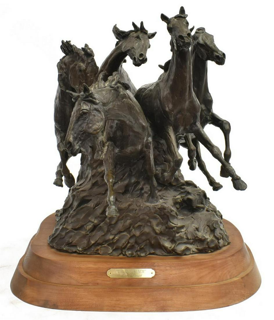 RICH ROENISCH (ALBERTA, CANADA) "THE WILD BUNCH': Patinated western bronze horse sculpture, "The Wild Bunch" signed in cast Roenisch (Rich Roenisch, 20th/21stc., Alberta, Canada), numbered 1/20, presented on stepped wood base, approx 21.5"h, 19"w, 15