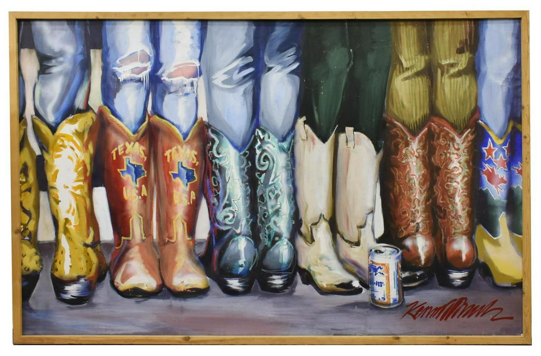 LARGE FRAMED WESTERN COWBOY BOOTS PAINTING, SIGNED: Framed painting on canvas, Texas Rodeo Cowboy Boots, signed lower right Ken...(?), sight: approx 60.5"h, 96"w, overall: approx 64"h, 99.5"w Start Price: $650.00