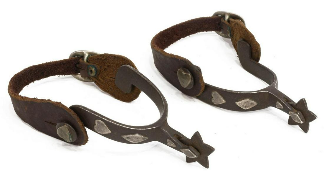(PAIR) SILVER HEARTS & DIAMONDS MOUNTED SPURS: (pair) Silver hearts and diamonds mounted cowboy spurs, 5 point star rowels, leather straps, inside yoke approx 3.25"w, 3.5"d Start Price: $80.00
