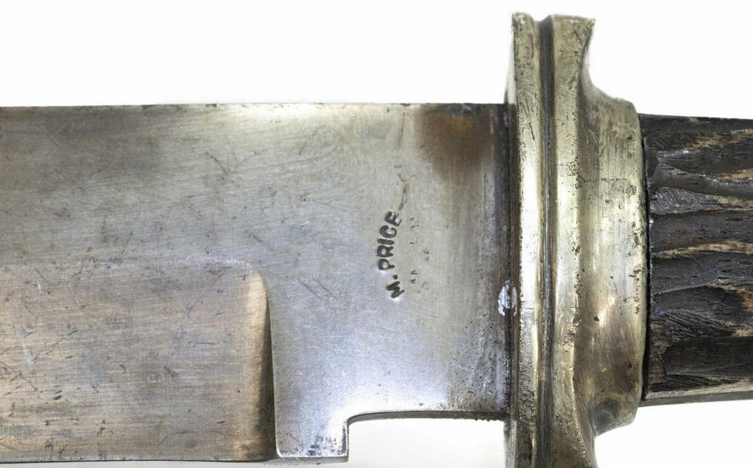 SCARCE MICHAEL PRICE, SAN FRANCISCO BOWIE KNIFE: Bowie knife c.1860, the 7.25"l, 1.5"w blade stamped at the ricasso M. Price over the partial stamp San Francisco, a stag handle, knife overall: 12.25"l, housed in unmarked metal and leather scabbard S