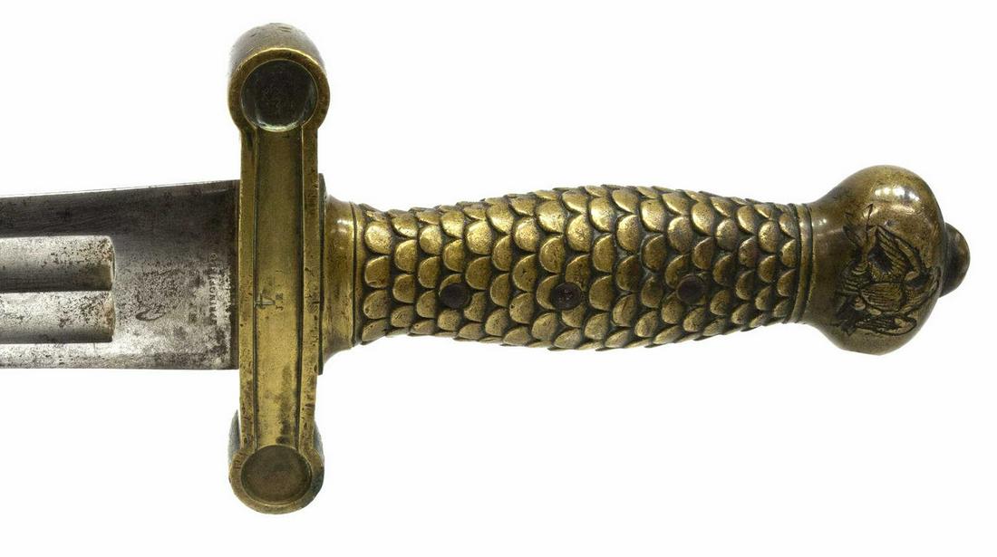 U.S. AMES M1832 ARTILLERY FOOT SWORD, MFG. 1844: U.S. Model 1832 Artillery Foot Sword with Scabbard, the 19.25" blade marked at the ricasso an eagle over N.P. Ames, Springfield, the opposite ricasso marked "U.S., 1844," the guard marked "W.A.T" (Wil