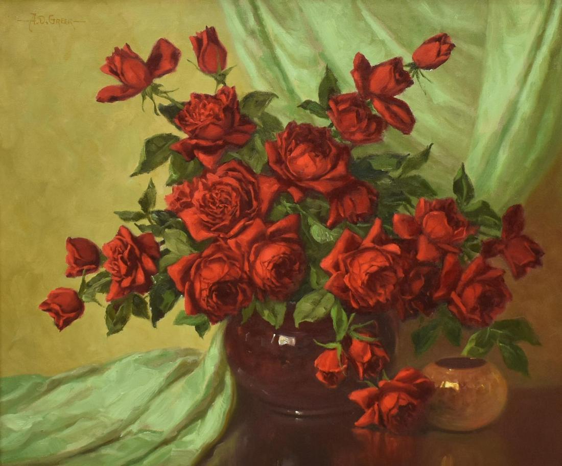 A.D. GREER (1904-1998) STILL LIFE WITH RED ROSES: Framed oil on canvas painting, Still Life with Red Roses, signed upper left A.D. Greer (Aubrey Dale Greer, Oklahoma, Texas, 1904-1998), in brightly gilt frame, sight: approx 24 7/8"h, 29 3/8"w, overal
