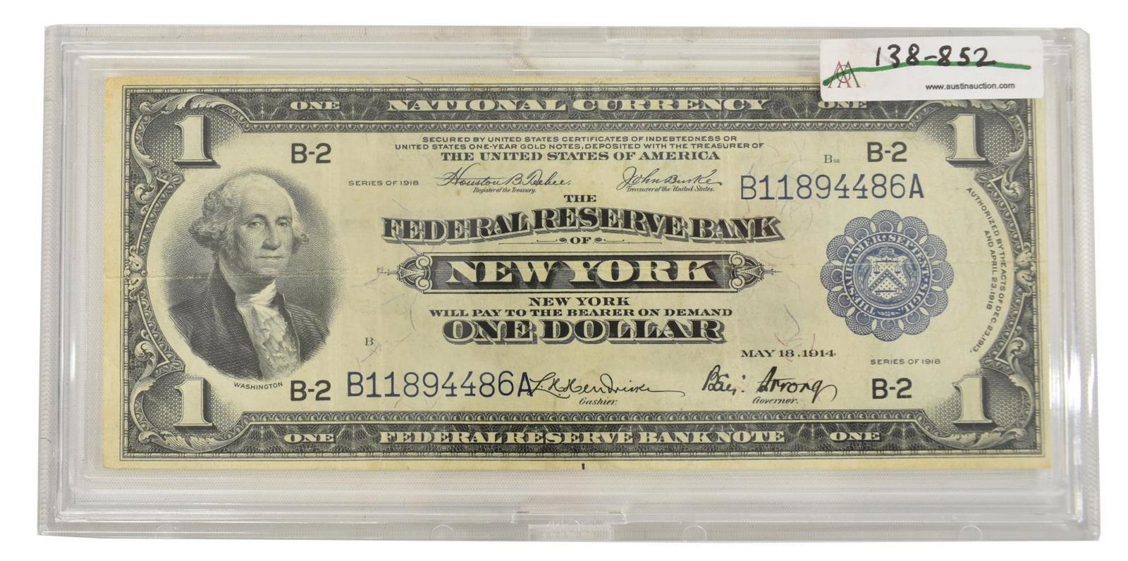 U.S. NATIONAL $1 CURRENCY, SERIES OF 1919: U.S. National Currency, one dollar, The Federal Reserve Bank of New York, blue seal, likeness of George Washington at left, Teehee and Burke, **Provenance: Eight Point Ranch, Elgin, Texas** Start Pric