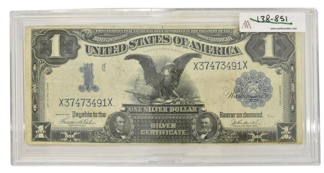 U.S. $1 SILVER CERTIFICATE, SERIES OF 1899: U.S. Series of 1899 one dollar silver certificate, signatures of Teehee and Burke **Provenance: Eight Point Ranch, Elgin, Texas** Start Price: $100.00