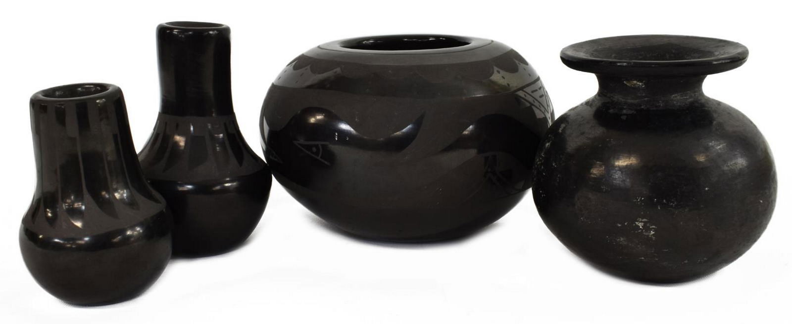 (4) COLLECTION OF SIGNED PUEBLO BLACKWARE POTTERY: (lot of 4) Collection of Native American pottery, including: (1) black on black pot, Santa Clara Pueblo, signed on underside Ramona Tapia (1940-2003), approx 3.25"h; (1) black on black vase, San Ildef