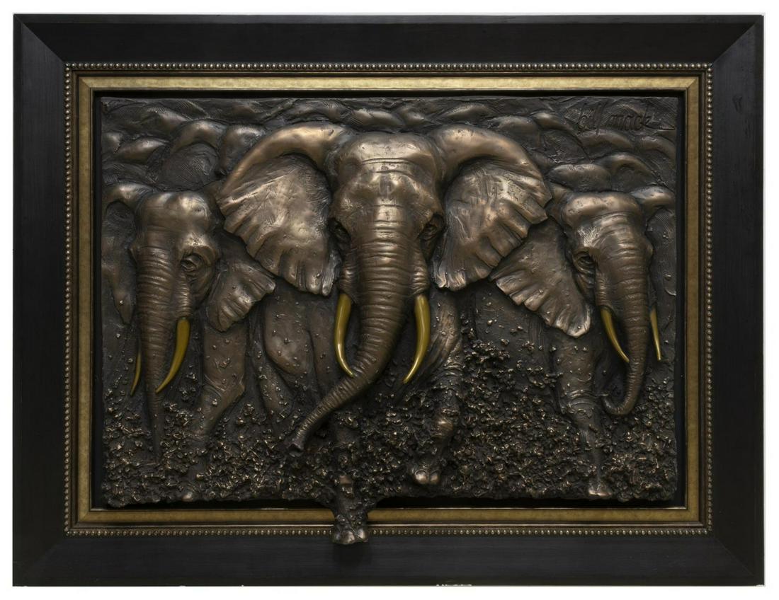 BILL MACK (B.1944) BONDED BRONZE ELEPHANT STAMPEDE: Framed bonded bronze wall sculpture, Stampede, numbered 61 of 75, signed at upper right Bill Mack (Minnesota, b.1944), depicting elephants, the center representation three dimensional, overall: approx