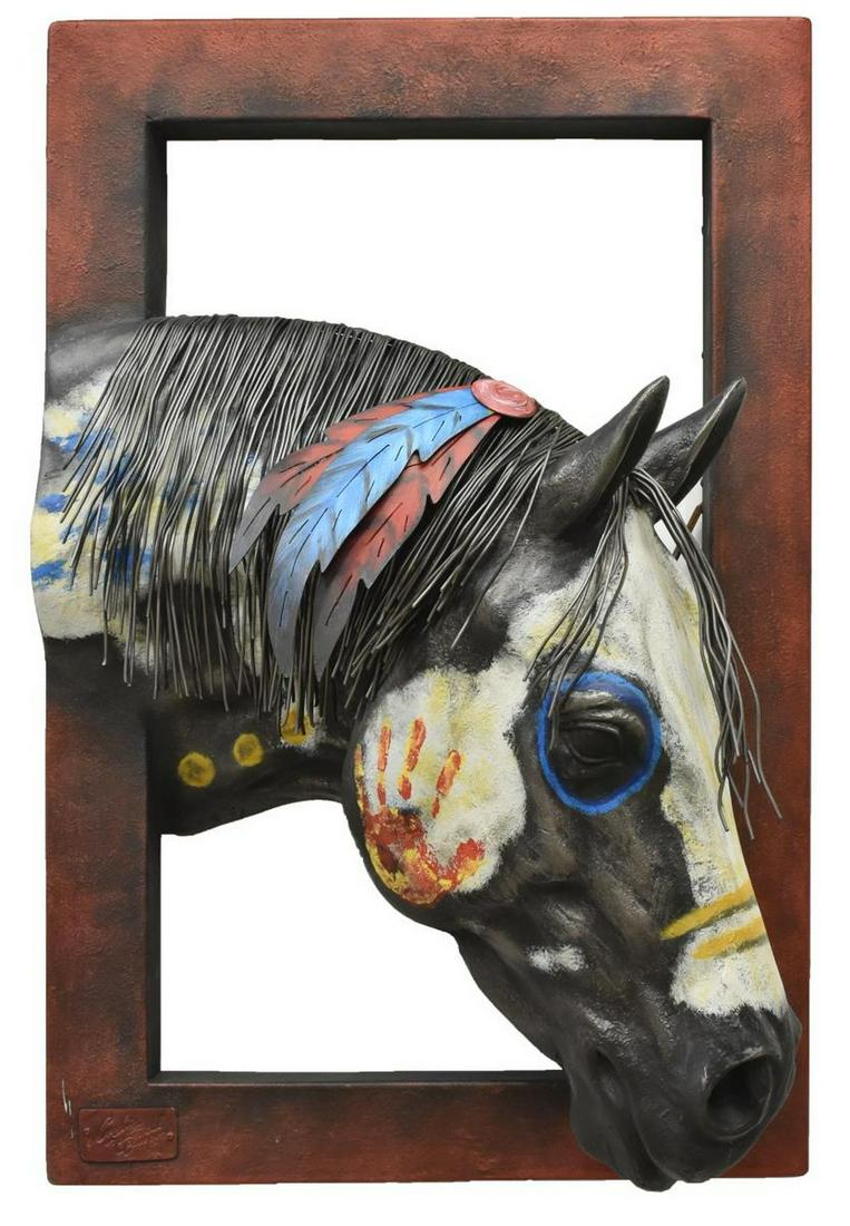 ANDRES MARTIN DEL CAMPO (B.1966) HORSE SCULPTURE: Framed three dimensional mixed media (metal, resin, fiberglass) sculpture, Apache Horse, signed lower left Andres Martin del Campo (Guadalajara, Jalisco, Mexico, b.1966), approx 36.5"h, 24.25"w, 13.5"